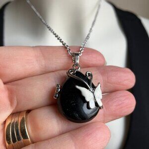 Obsidian Gemstone with Butterfly Pendant Necklace New in Gift Box